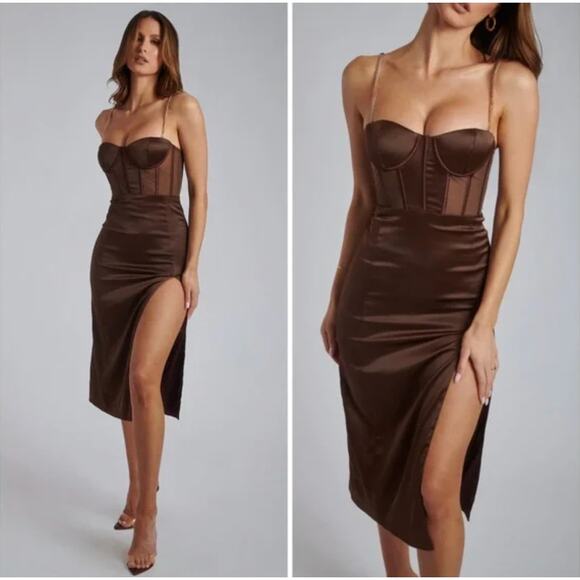 MESHKI Talisa Brown Gold Strap Strapless Sheath Midi Dress Women's Size Medium - Picture 9 of 10